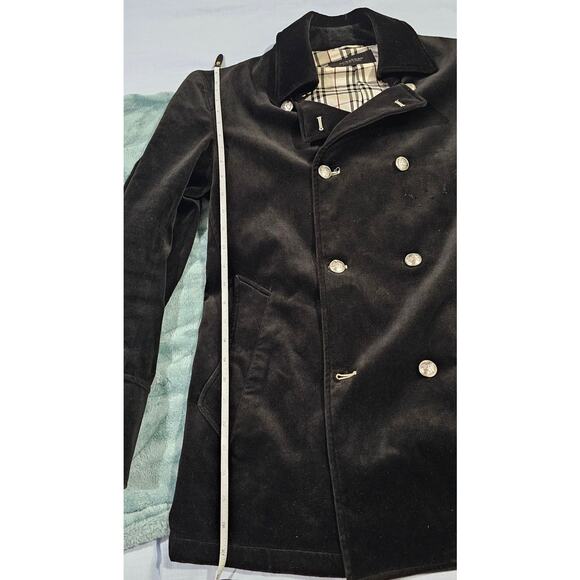 BURBERRY BLACK LABEL Velvet Napoleon Pea Coat Silver Button Men's - Picture 7 of 16